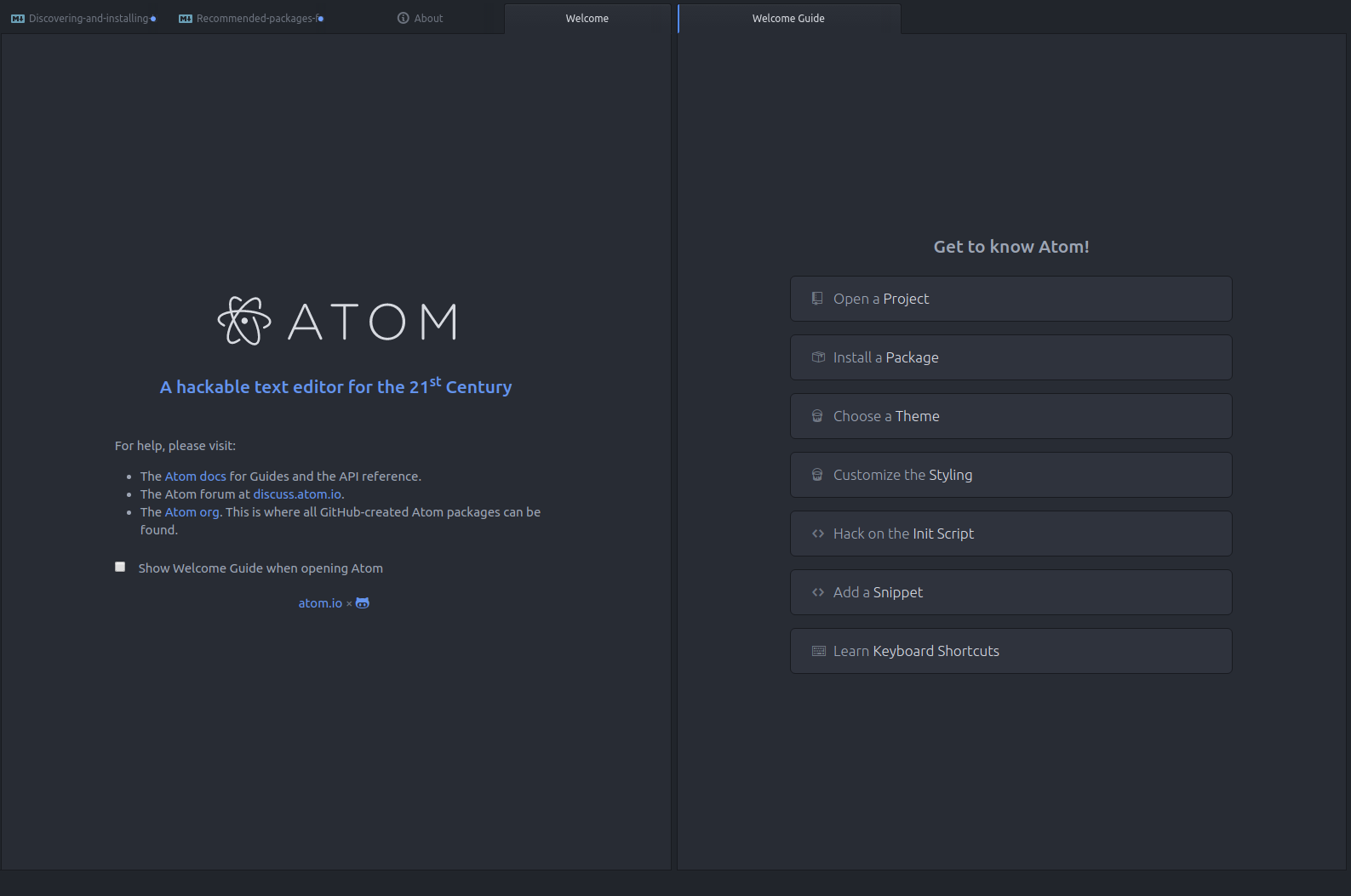 Atom Welcome Screen